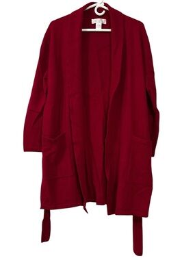 Women's Cashmere Open-Front Robe in Deep Red with Belt